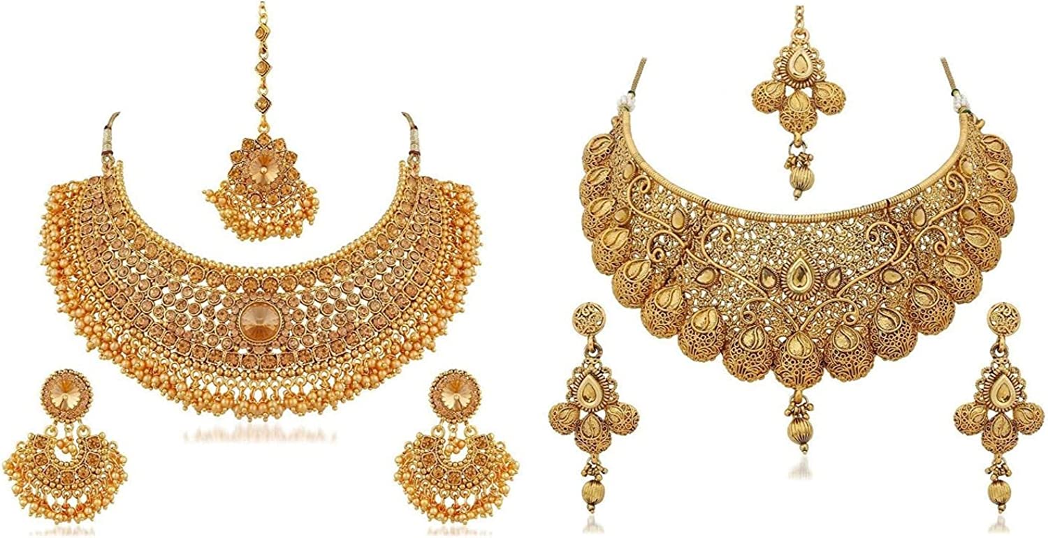 230816065103454_1 Efulgenz Indian Bollywood Traditional Crystal Pearl Wedding Choker Necklace Earrings Maang Tikka Jewelry Set - Image 1